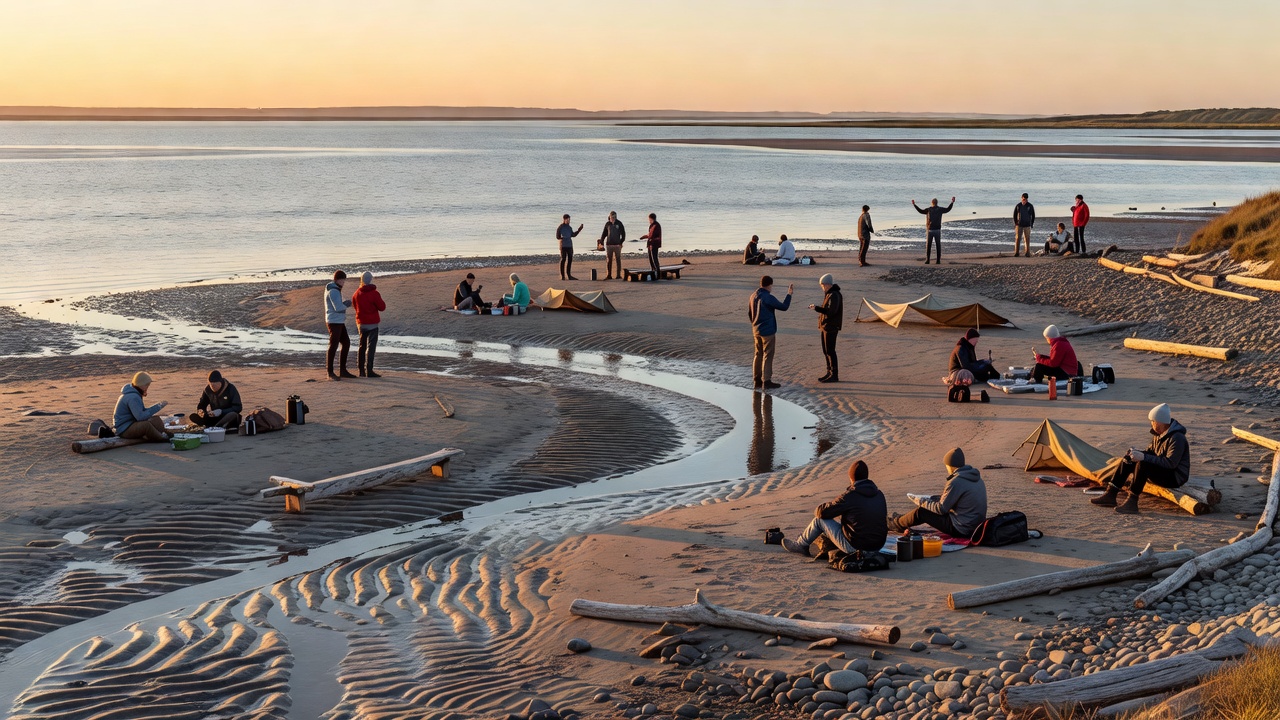 Evening gathering setup on an estuary sandbar with lanterns and small clusters of people during a falling tide