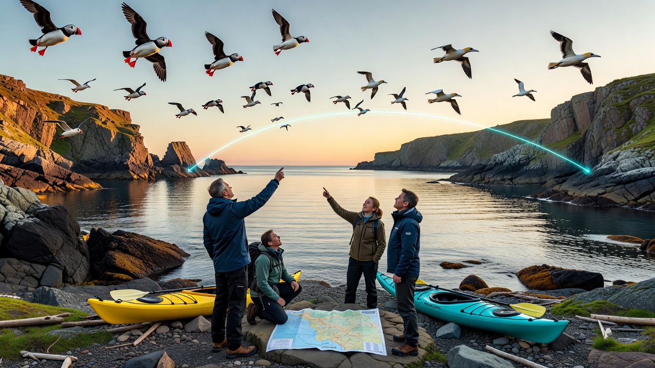 Group of observers noting seabird activity from a rocky inlet shoreline
