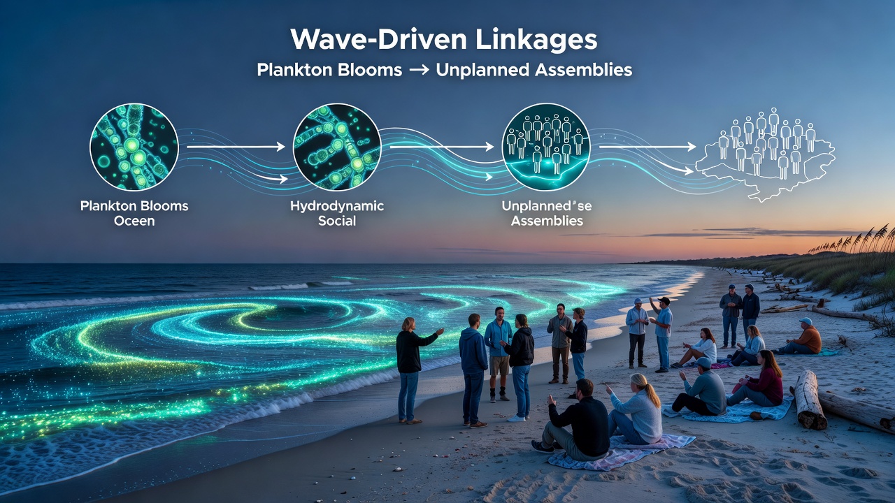 Wave-driven social patterns that link plankton blooms to unplanned evening assemblies along overlooked barrier islands